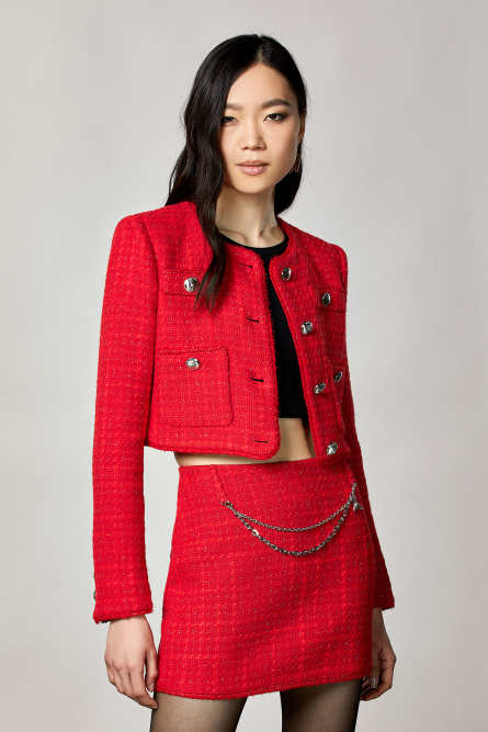Check bouclé cropped jacket, Red, Patrizia Pepe