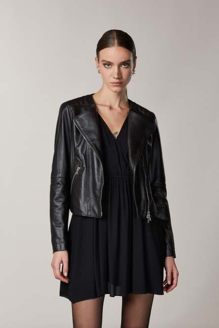 人気ブランド新作豊富 Leather biker Pepe Patrizia | Black | top-stitching with jacket ジャケット・アウター