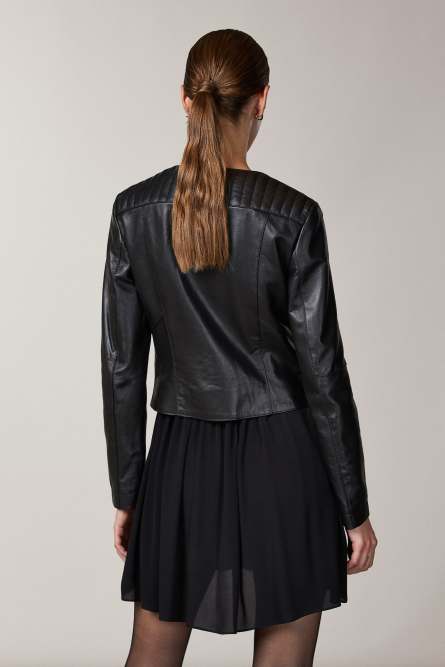 Leather biker jacket with top-stitching | Black | Patrizia Pepe