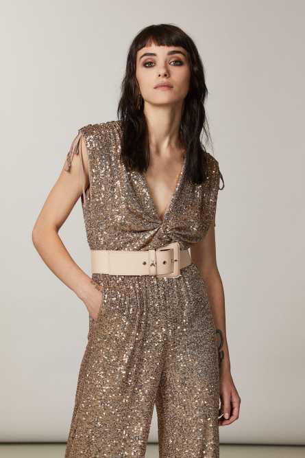 Leather high-waisted belt, Beige, Patrizia Pepe