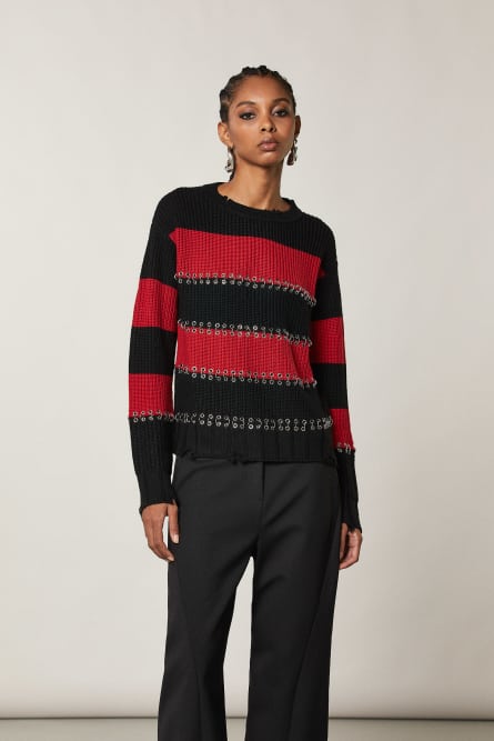 Maglione a righe con piercing, Nero, Patrizia Pepe