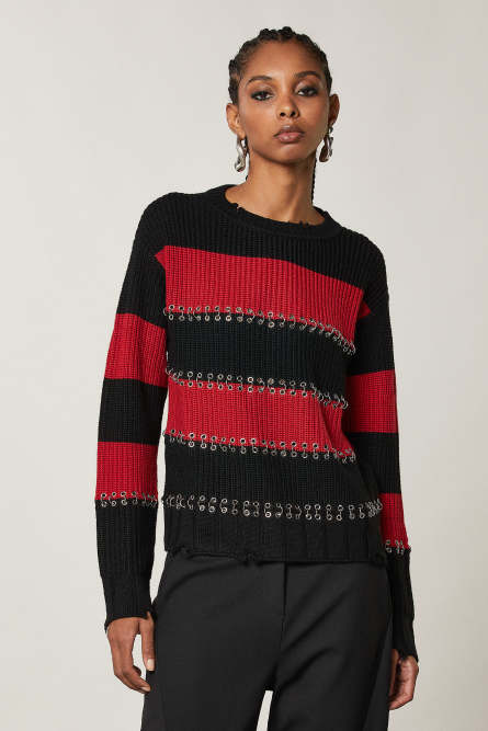 Maglione a righe con piercing, Nero, Patrizia Pepe