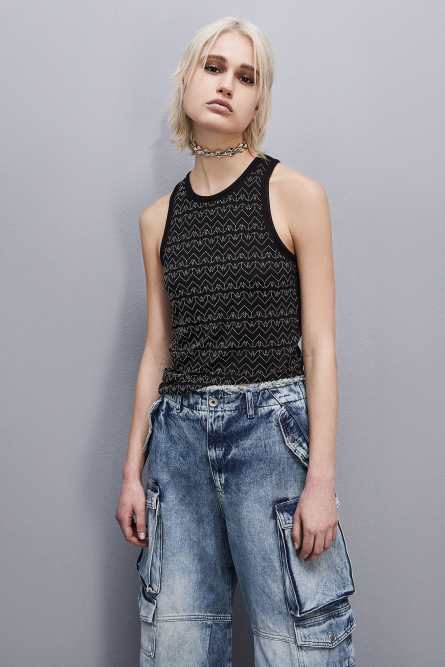 Jersey top with rhinestones, Black, Patrizia Pepe