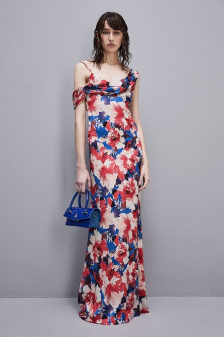 Asymmetrical neckline dress in viscose satin, Multicolor, Patrizia Pepe