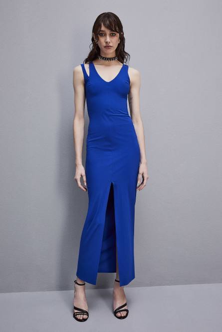 ESSENTIAL technical jersey V-neck dress, Blue, Patrizia Pepe