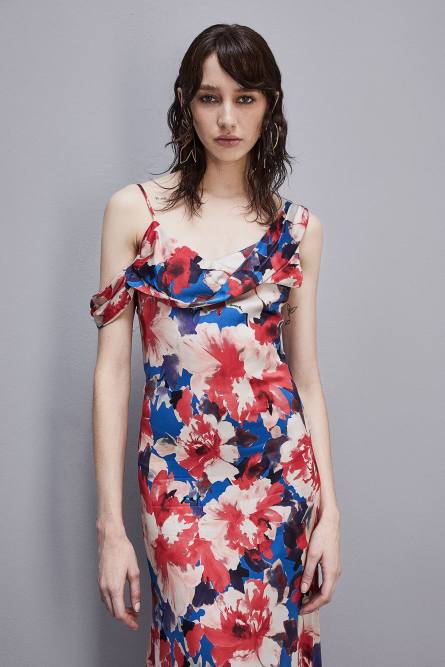 Asymmetrical neckline dress in viscose satin, Multicolor, Patrizia Pepe