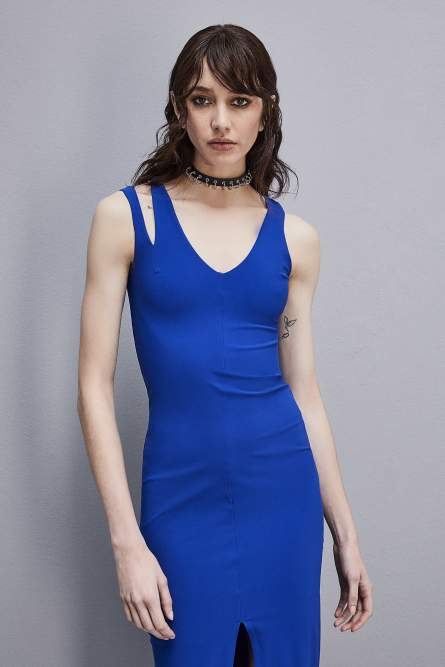 ESSENTIAL technical jersey V-neck dress, Blue, Patrizia Pepe