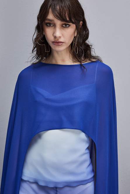Cape in poly georgette with neckline on the back, Blue, Patrizia Pepe