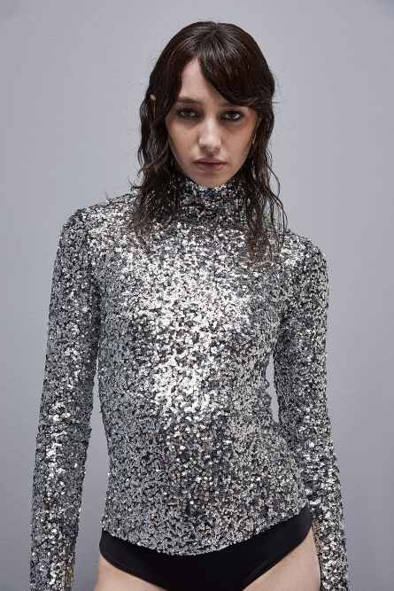 Maglia body in paillettes, Grigio, Patrizia Pepe