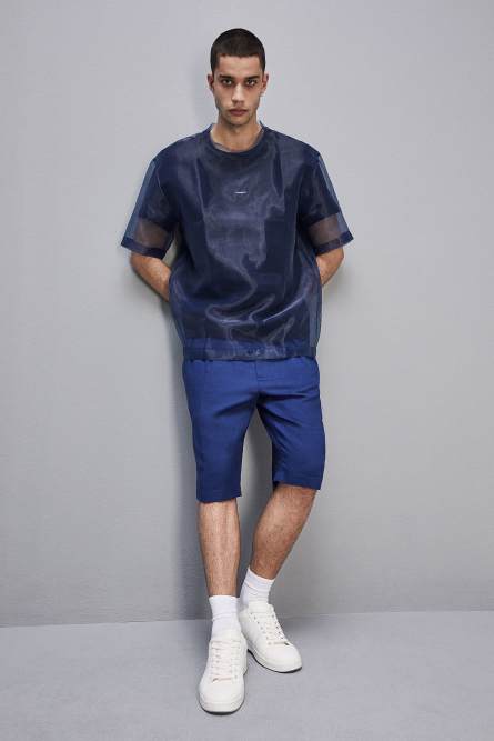 Linen and viscose blend knee-length shorts, Blue, Patrizia Pepe