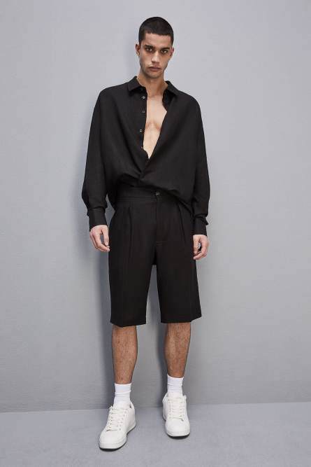 Linen and viscose blend knee-length shorts, Black, Patrizia Pepe