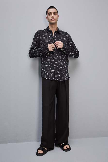 Flowing shirt with graphic viscose print, Black, Patrizia Pepe