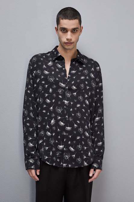 Flowing shirt with graphic viscose print, Black, Patrizia Pepe