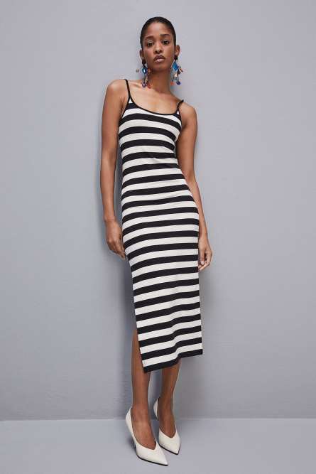 Abito slim jersey con bretelle in cotone, Bianco, Nero, Patrizia Pepe