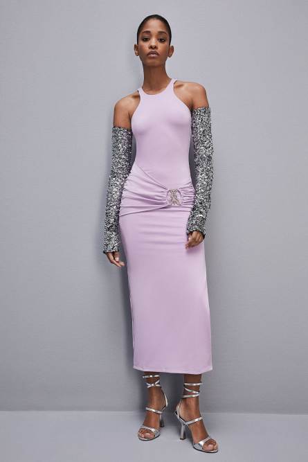 Slim dress in jersey with Fly rhinestones, Purple, Patrizia Pepe