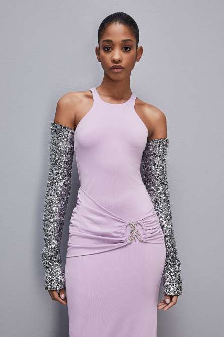 Slim dress in jersey with Fly rhinestones, Purple, Patrizia Pepe