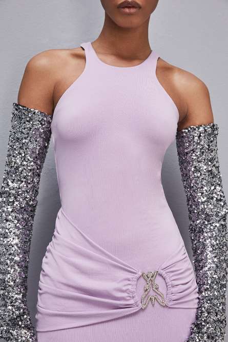 Slim dress in jersey with Fly rhinestones, Purple, Patrizia Pepe