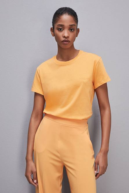 Short-sleeved t-shirt with logo in organic cotton, Orange, Patrizia Pepe