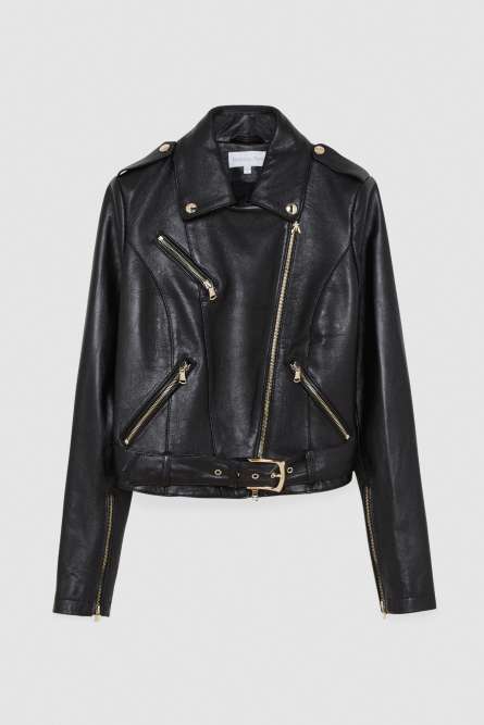 Leather biker jacket with top-stitching | Black | Patrizia Pepe