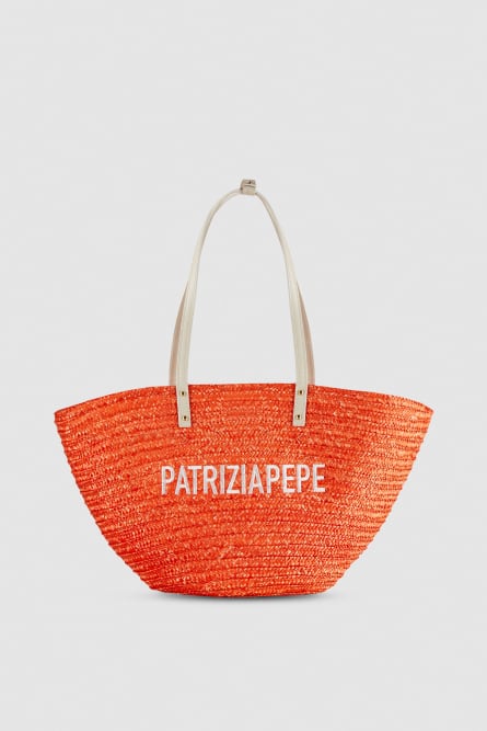 Wide braided straw shopping bag, Orange, Patrizia Pepe
