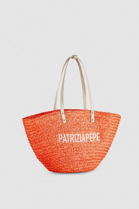 Wide braided straw shopping bag, Orange, Patrizia Pepe