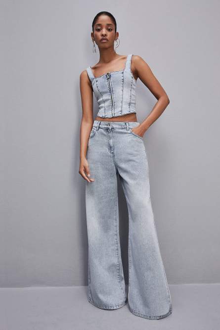 Jean oversize à taille basse en tissu denim, Bleu Ciel, Patrizia Pepe