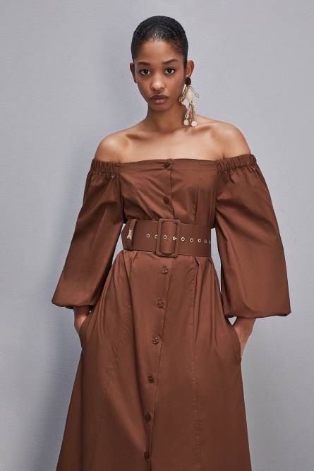 Off-shoulder dress with belt, Brown, Patrizia Pepe