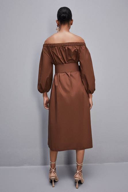 Off-shoulder dress with belt, Brown, Patrizia Pepe