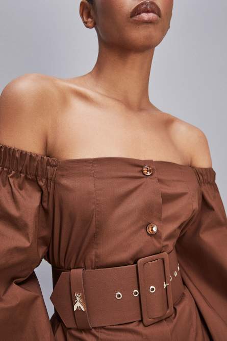 Off-shoulder dress with belt, Brown, Patrizia Pepe
