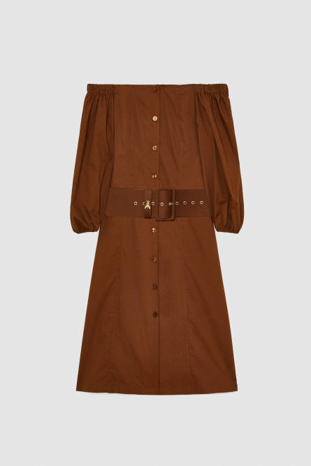 Off-shoulder dress with belt, Brown, Patrizia Pepe