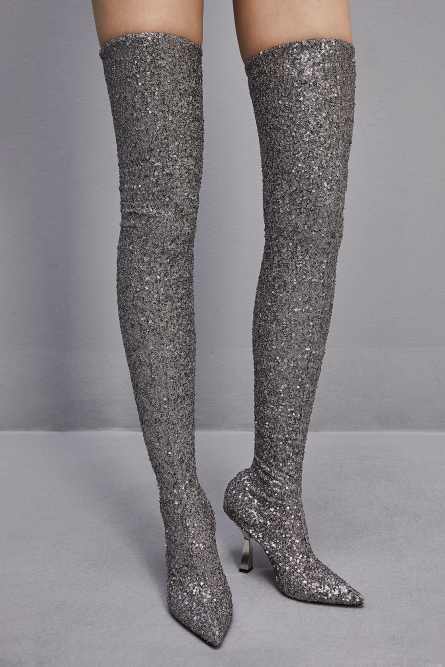 Pailletten-Stiefel mit Absatz, Silber, Patrizia Pepe