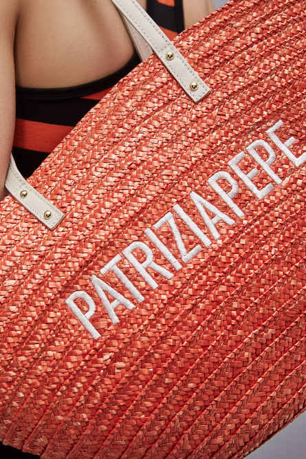Wide braided straw shopping bag, Orange, Patrizia Pepe