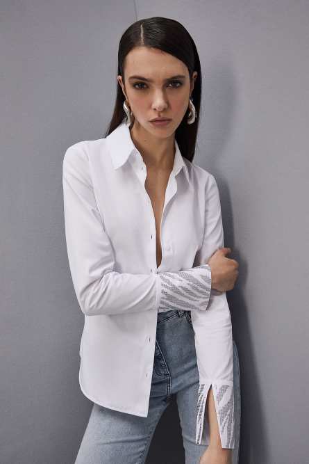 Cotton shirt with rhinestones, White, Patrizia Pepe