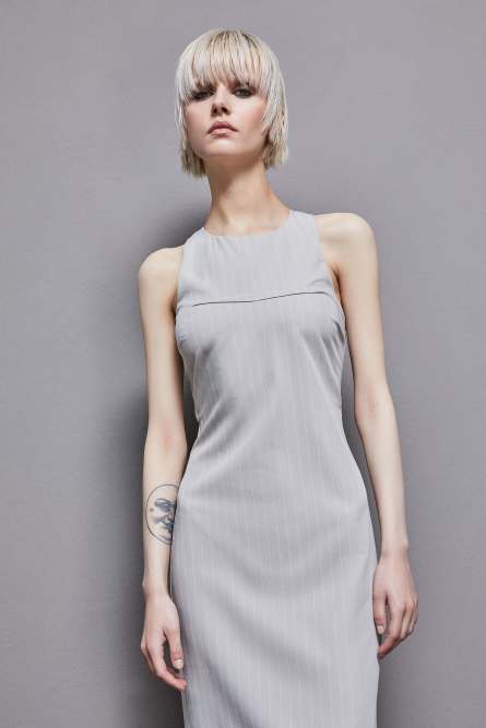 Pinstripe crew neck midi sheath dress, Grey, Patrizia Pepe