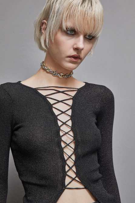 Essential lurex ribbed cardigan, Black, Patrizia Pepe