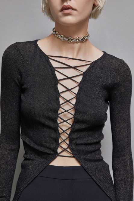 Essential lurex ribbed cardigan, Black, Patrizia Pepe