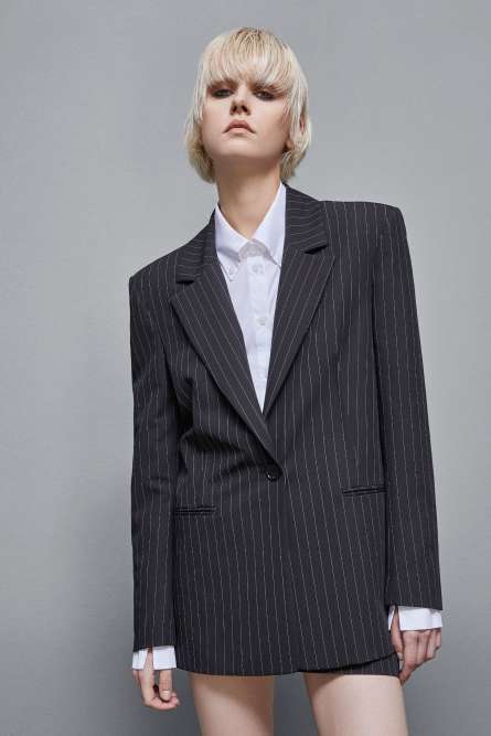 Pinstriped one-button flannel blazer, Black, Patrizia Pepe