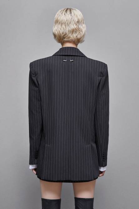 Pinstriped one-button flannel blazer, Black, Patrizia Pepe
