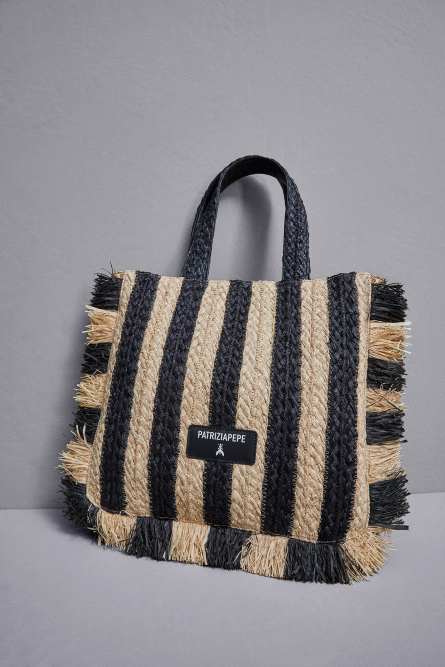 Raffia shopping bag, Black, Beige, Patrizia Pepe