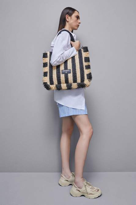 Raffia shopping bag, Black, Beige, Patrizia Pepe