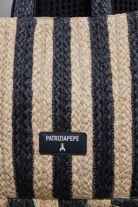Raffia shopping bag, Black, Beige, Patrizia Pepe