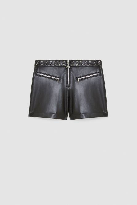 Faux leather low-waisted shorts with zipper, Black, Patrizia Pepe