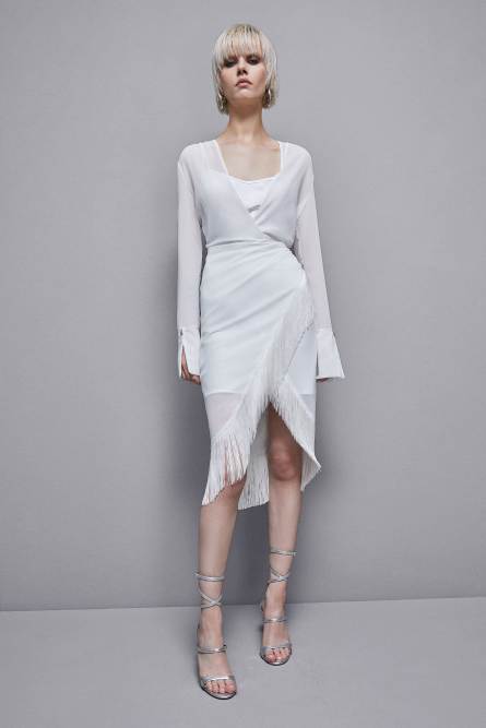 Satin and georgette dress with fringes, White, Patrizia Pepe