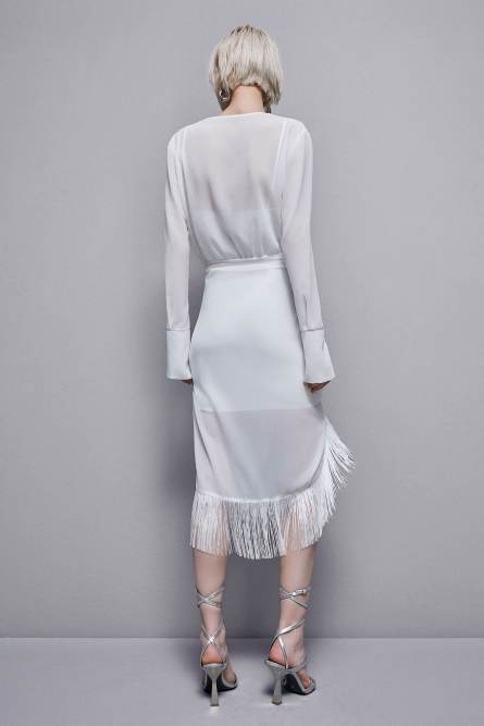 Satin and georgette dress with fringes, White, Patrizia Pepe
