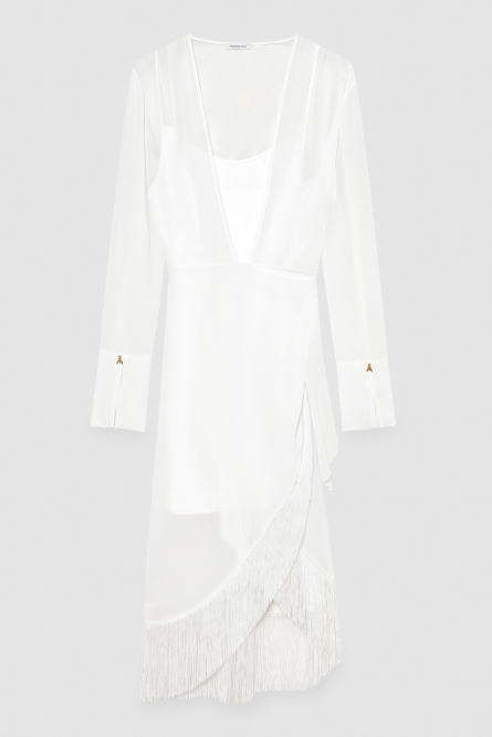 Satin and georgette dress with fringes, White, Patrizia Pepe
