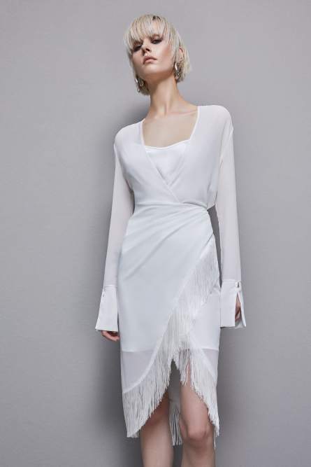 Satin and georgette dress with fringes, White, Patrizia Pepe