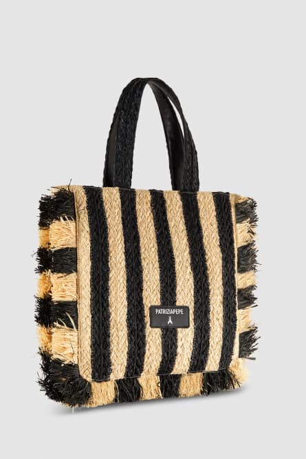 Raffia shopping bag, Black, Beige, Patrizia Pepe