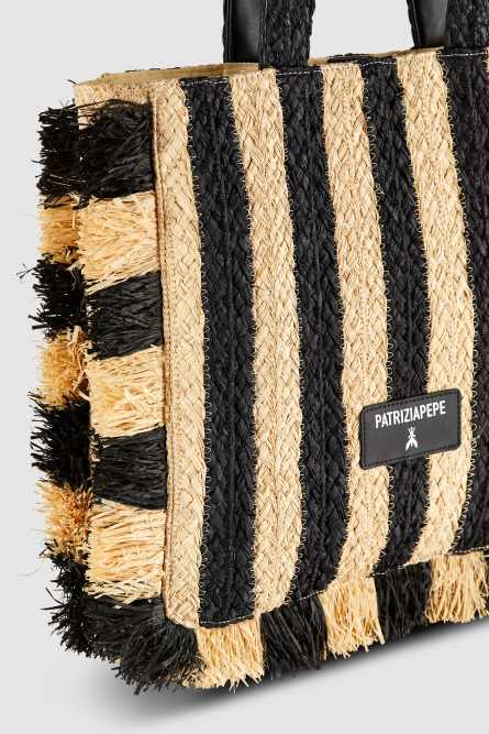 Raffia shopping bag, Black, Beige, Patrizia Pepe