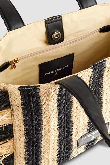 Raffia shopping bag, Black, Beige, Patrizia Pepe