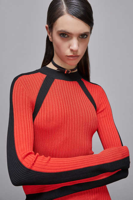 Ribbed viscose blend dress, Red, Black, Patrizia Pepe
